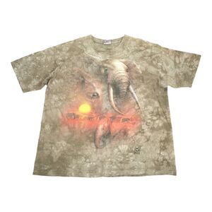 Vintage 2000 Liquid Blue White Tag Elephant Sunset Short Sleeve T-Shirt XL Green